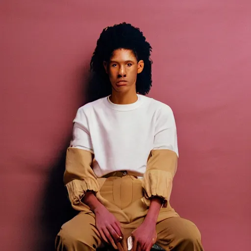 Image similar to realistic photoshooting for a new balenciaga lookbook, color film photography, portrait of a beautiful woman, set design by wes anderson, in style of Tyler Mitchell, 35mm,