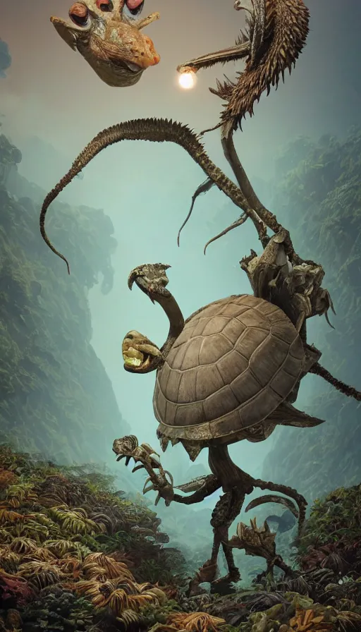 Prompt: a strange bird turtle giraffe chimera creature with scales feathers fins tusks with other monsters on a lush fertile alien planet, in the style of shaun tan, sam shearon, dr seuss, leng jun, max ernst, close up, fantastic, wonderful, science fiction, dramatic studio lighting, atmospheric, national geographic, 3 d sculpture 8 k octane render