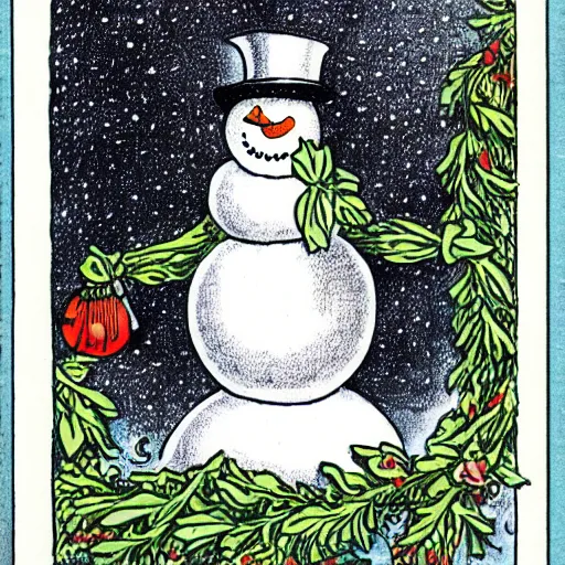 Image similar to victorian snowman illustration full page scan for greeting card by walter crane