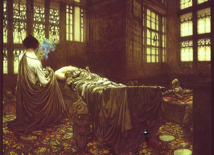 Prompt: the mind mender, standing, hospital room setting, medical tray, injured patient on bed, extremely detailed, painting by arthur rackham, eugene de blaas, frederic leighton, scifi, neo - gothic, intricate, rich deep colors. beksinski painting, part by adrian ghenie and gerhard richter. art by takato yamamoto. masterpiece