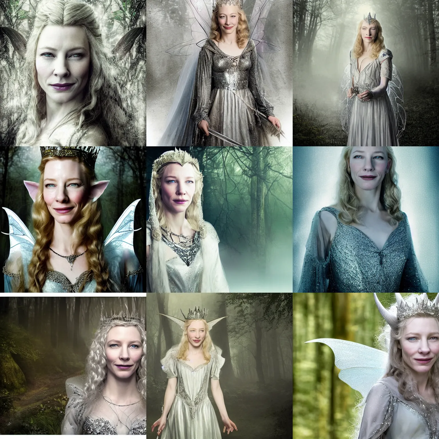 Prompt: portrait of mischievous, dangerous young, smiling Galadriel (young Cate Blanchett) as a queen of fairies, dressed in a beautiful silver dress. The background is a dark, creepy eastern europen forrest. night, horroristic shadows, high contrasts, lumnious, foggy effect, photorealistic, dreamlike, mist filters, theatrical, character concept art by ruan jia, John Anster Fitzgerald, thomas kinkade, and J.Dickenson, trending on Artstation