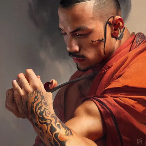 Image similar to A detailed matte oil on canvas painting of a male martial artist monk, orchid arm tattoos by greg rutkowski and artgerm, trending on artstation, dungeons and dragons art