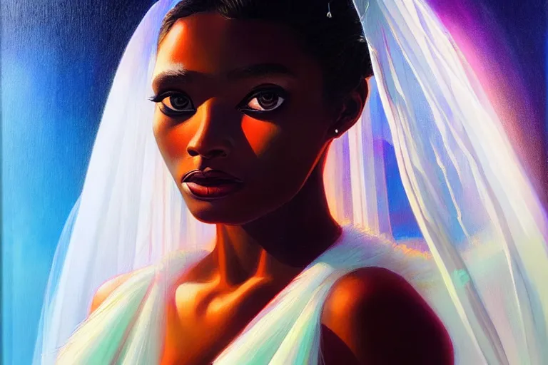 Image similar to wedding day 🫀👩🏾, futuristic wedding dress, neon god of city character portrait, in the style of margaret keane, moebius, tom bagshaw, and waterhouse, cinematic lighting, beautiful, elegant, oil painting,