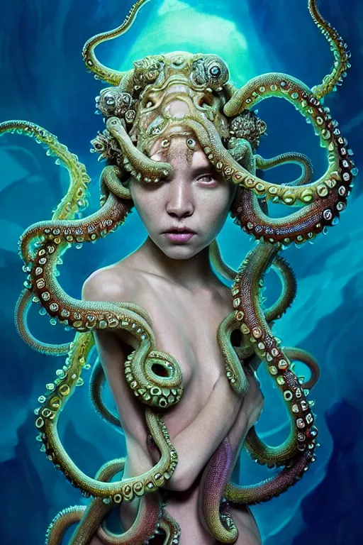 Image similar to A full shot of a cute monster wearing an ornate dress made of opals and tentacles on the ocean floor. Subsurface Scattering. Dynamic Pose. Translucent Skin. Caustics. Prismatic light. defined facial features, symmetrical facial features. Opalescent surface. Soft Lighting. beautiful lighting. By Giger and Ruan Jia and Artgerm and WLOP and William-Adolphe Bouguereau and Loish and Lisa Frank. Fantasy Illustration. Sailor Moon. Masterpiece. trending on artstation, featured on pixiv, award winning, cinematic composition, dramatic pose, sharp, details, Hyper-detailed, HD, HDR, 4K, 8K.