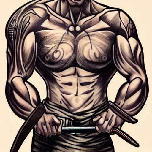 Image similar to muscular bald man, tattooed body, sword in hands, HD, anime style,