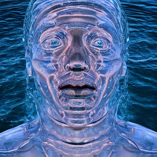 Image similar to a water sculpture in the shape of a human head, on the ocean water, water manipulation photoshop, behance, ray tracing, cinematic, in the style of johnson tsang, long shot, hyper detailed, hyper realistic, 8 k resolution, sharp focus, realistic water, award winning