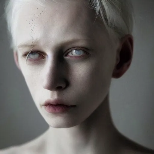 Image similar to portrait photograph of a full platinum blond woman, staring intensely, pale skin, by kyle thompson, realistic, high detail, high quality, trending on pinteresst