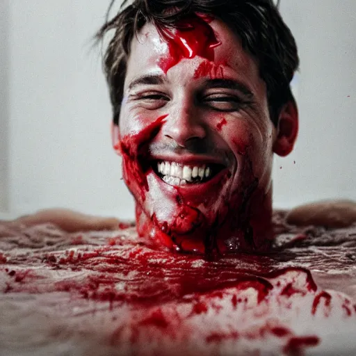 Image similar to a man smiling while taking a bath in blood