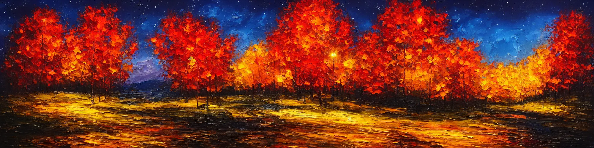 Prompt: painting of autumn landscape during night, non symmetrical, award winning painting, beautiful, breathtaking, stunning scenery, trending on artstation, masterpiece