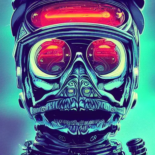 Image similar to portrait of a space pirate skull pepe the frog. intricate abstract. cyberpunk, vhs glitch. full face broken helmet. intricate artwork. nightmare fuel. terrifying. empty oxygen tank. by Tooth Wu, wlop, beeple, dan mumford. octane render, trending on artstation, greg rutkowski very coherent symmetrical artwork. cinematic, hyper realism, high detail, octane render, 8k, iridescent accents, black and white