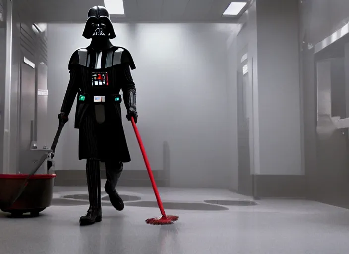 Prompt: film still of Darth Vader working as a janitor in the new Star Wars movie, 4k