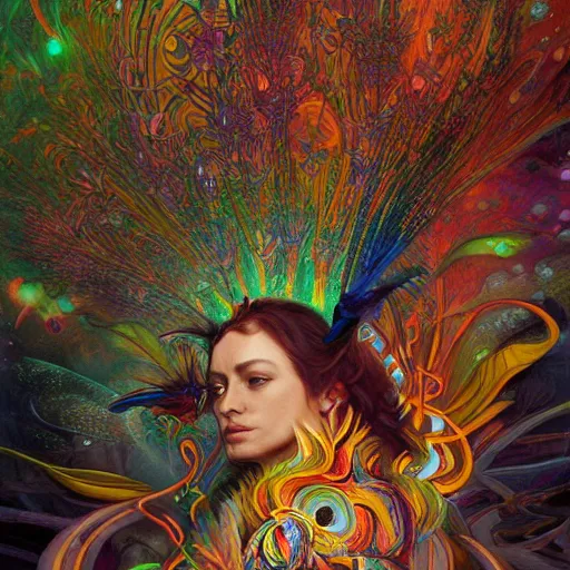 Image similar to A reality bending psychedelic ayahuasca experience in semi darkness with many fire flies, colorful, distorted, surreal, tropical bird feathers, dramatic lighting on the face, intricate, elegant, highly detailed, digital painting, concept art, smooth, sharp focus, illustration, art by Krenz Cushart and Wayne Barlowe and alphonse mucha