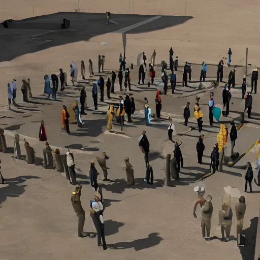 Image similar to a crowd gathering around | government security facility military | in the hot desert trending on artstation digital paint 4 k render