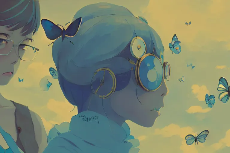 Prompt: blue butterflies with anxious piercing eyes and vintage illustration pattern background rule of thirds golden ratio, fake detail, trending pixiv fanbox, acrylic palette knife, style of makoto shinkai studio ghibli genshin impact james gilleard greg rutkowski chiho aoshima