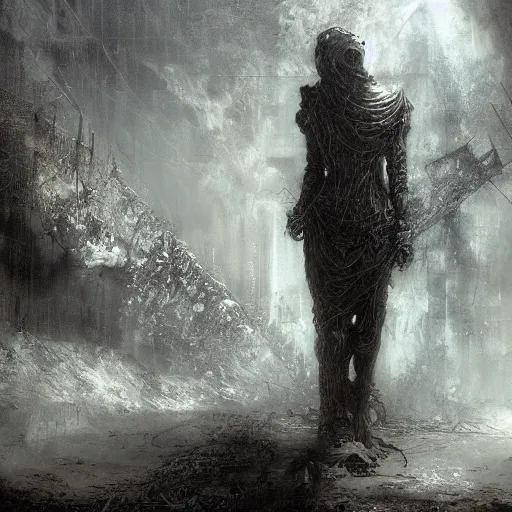 Image similar to lost and alone in an industrial wasteland by gustave dore and gustave moreau and beksinski and giger and craig mullins and jeremy mann