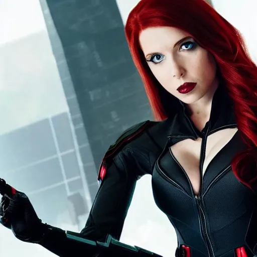 Image similar to A still photograph of Amouranth as Black Widow,