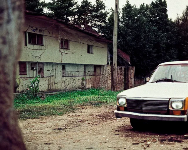 Image similar to a lomographic photo of old lada 2 1 0 7 standing in typical soviet yard in small town, hrushevka on background, cinestill, bokeh