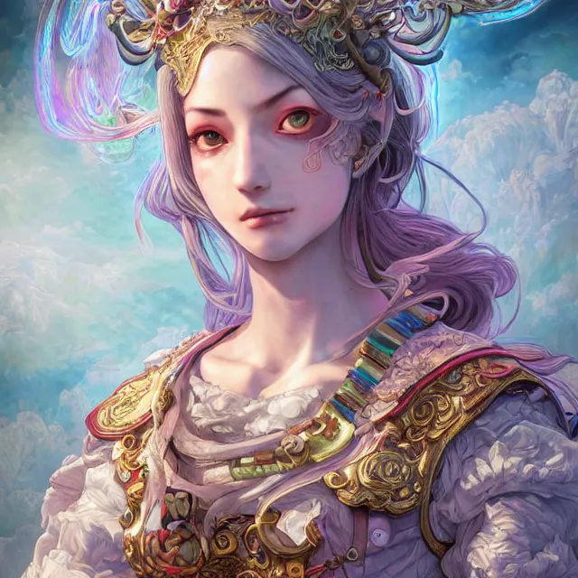 Prompt: studio portrait of the neutral good rainbow colorful female cleric bard healer as absurdly beautiful, elegant, young skinny italian gravure idol, an ultrafine hyperdetailed illustration by kim jung gi, intricate linework, detailed faces, super sharp focus, bright colors, octopath traveler, final fantasy, unreal engine 5 highly rendered, global illumination, radiant light, detailed and intricate environment