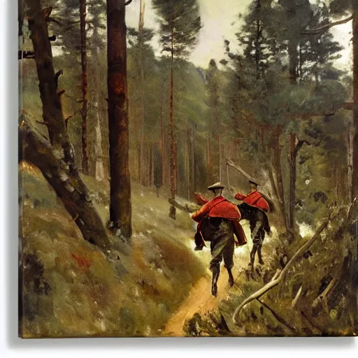 Image similar to ww 1 german soldiers advancing through european forest brush, long grey capes with red accents, 1 9 0 5, oil on canvas, william james aylward, harvey dunn, john singer sargent