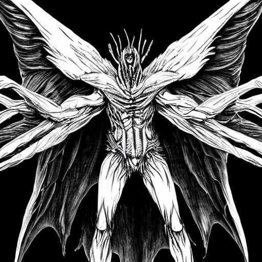 Prompt: 4K headshot of mothman with defined arms and open hands and bloody victims with giant wings , intricate face , flawless anime cel animation by Kentaro Miura,psychedelic , highly detailed upper body , professionally post-processed , beautiful, scary, symmetry accurate features, epic, octane rendered, anime masterpiece, accurate