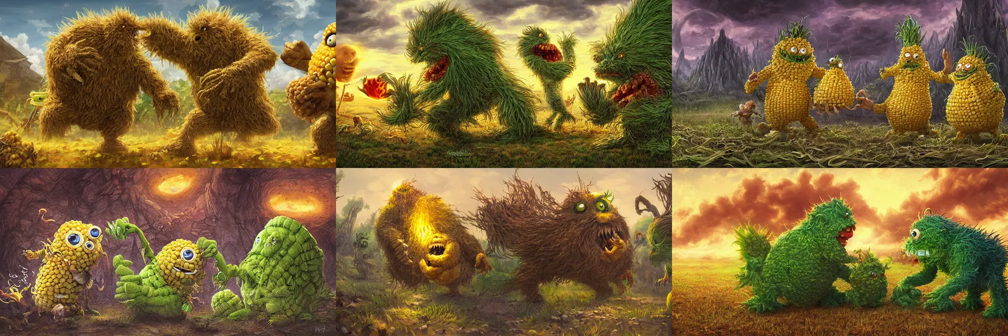 Prompt: corn-monster vs potatoe-monster fight, epic digital art illustration, wide angle, masterpiece, outstanding detail, illustration