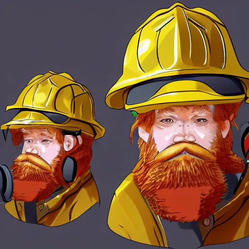 Prompt: An old man with a ginger beard, wearing a fire fighters helmet, highly detailed, digital art, sharp focus, trending on art station, anime art style