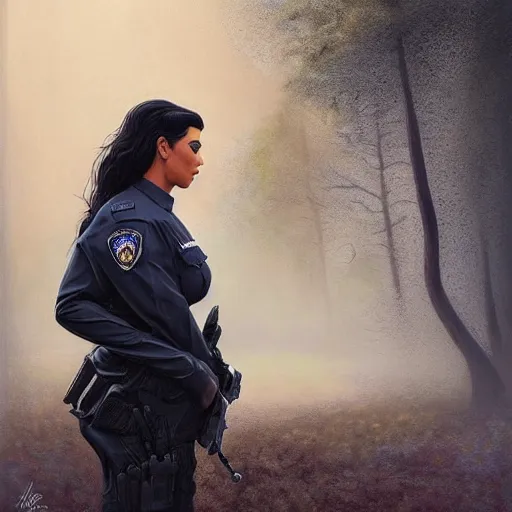 Prompt: kim kardashian as a cop, police uniform, portrait, scared emotion, haunted forest with ufo sitting in the distant fog, pretty, aesthetic, dust molecules, matte detailed photo, DeviantArt, Artstation, by donato giancola, ralph horley, loish, ufo lighting