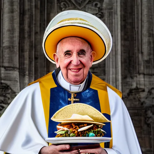 Prompt: pope john paul the 2 nd wearing a sombrero holding a taco, ( sony a 7 r iv, symmetric balance, polarizing filter, photolab, lightroom, 4 k, dolby vision, photography awardm, voque, perfect face )