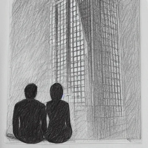 Image similar to a pencil sketch of 2 people, sitting on the edge of a building, looking away from the camera, tall rectangular buildings in the background, planes flying overhead