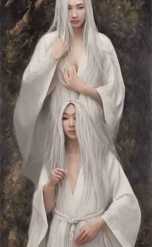 Image similar to angel with silver hair so pale and wan! and thin!?, flowing robes, covered in robes, lone pale asian goddess, wearing robes of silver, flowing, pale skin, young cute face, covered!!, clothed!! lucien levy - dhurmer, jean deville, oil on canvas, 4 k resolution, aesthetic!, mystery