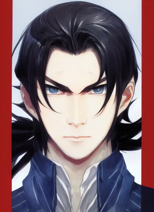 Prompt: portrait by shigenori soejima, handsome male vampire, focus on face, holding a sword, long black hair, dark blue shirt, light brown coat, red - eyes,