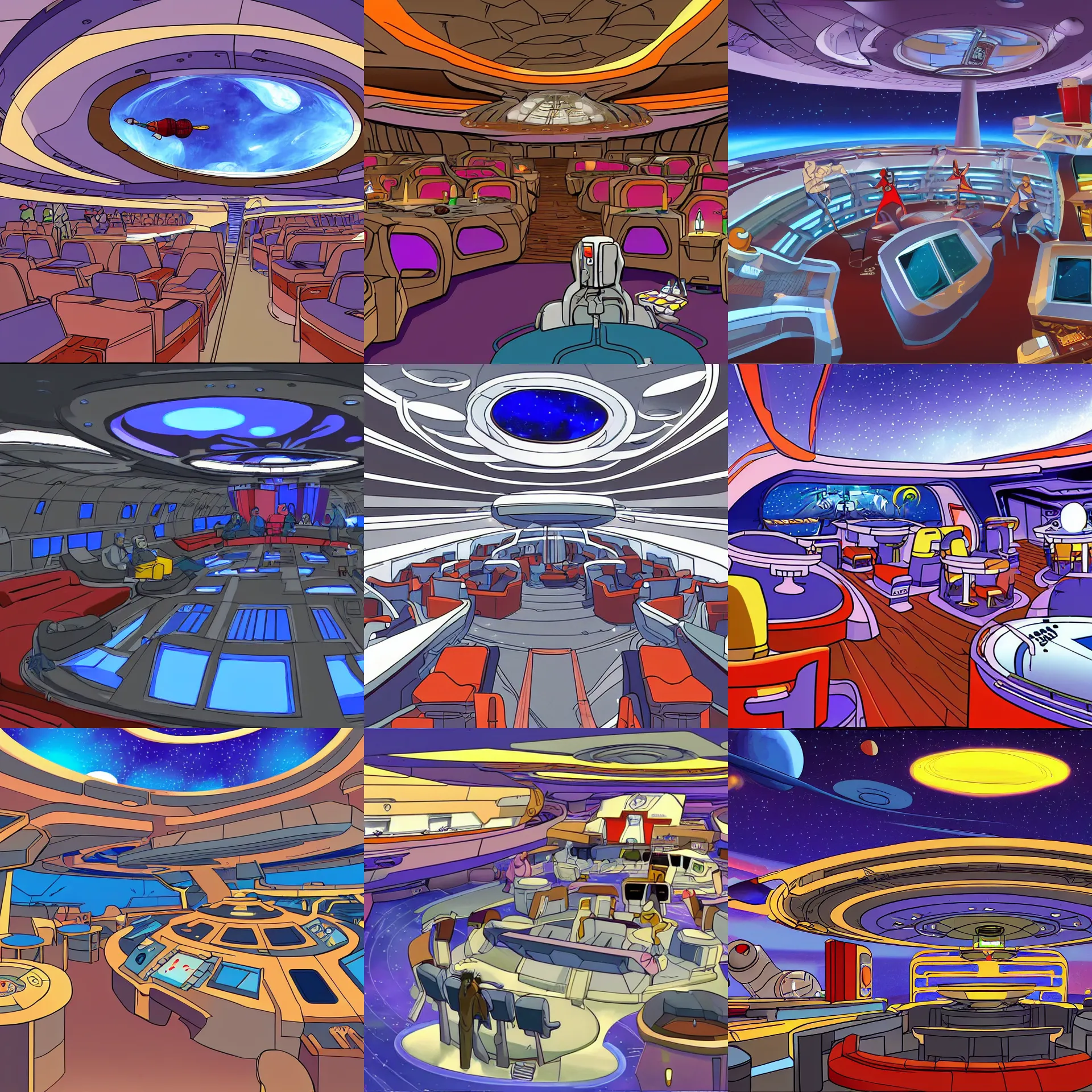 Prompt: the main entertainment area onboard a large passenger cruise spaceship, from a space themed serria point and click 2 d graphic adventure game, art by space quest vii