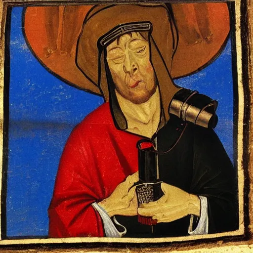 Image similar to photograph of a medieval painting of tom scott choking on a vape