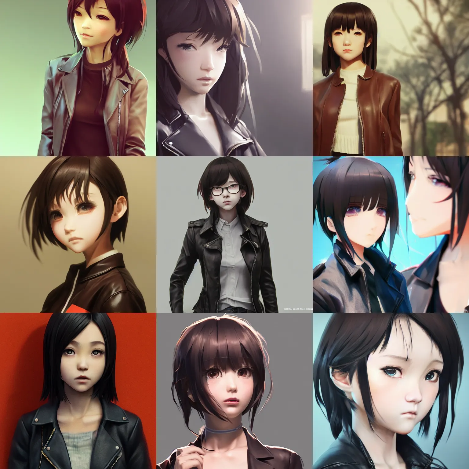 Image similar to clothed, worksafe. cgsociety, by wlop, ilya kuvshinov, krenz cushart, greg rutkowski, trending on artstation. zbrush sculpt, octane, maya, houdini, vfx. close - up face of a cute anime japanese filipino girl wearing leather jacket. cinematic dramatic atmosphere, sharp focus, volumetric lighting.