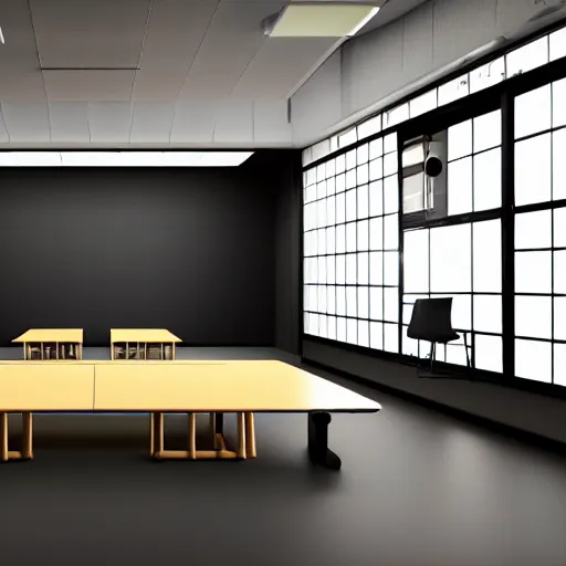 Prompt: still photo of a japanese class room, highly detailed, photorealistic portrait, bright studio setting, studio lighting, crisp quality and light reflections, unreal engine 5 quality render