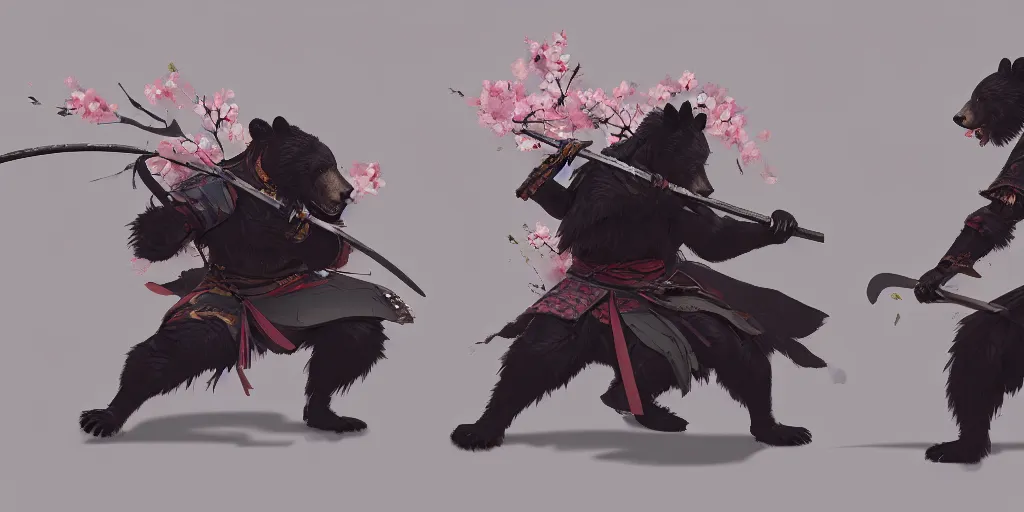 Image similar to an environmental concept art of anthropomorphic asian black bear samurai, samurai duel, sakura petals blowing in the wind, highly detailed, environmental light, cinematic by francis tneh