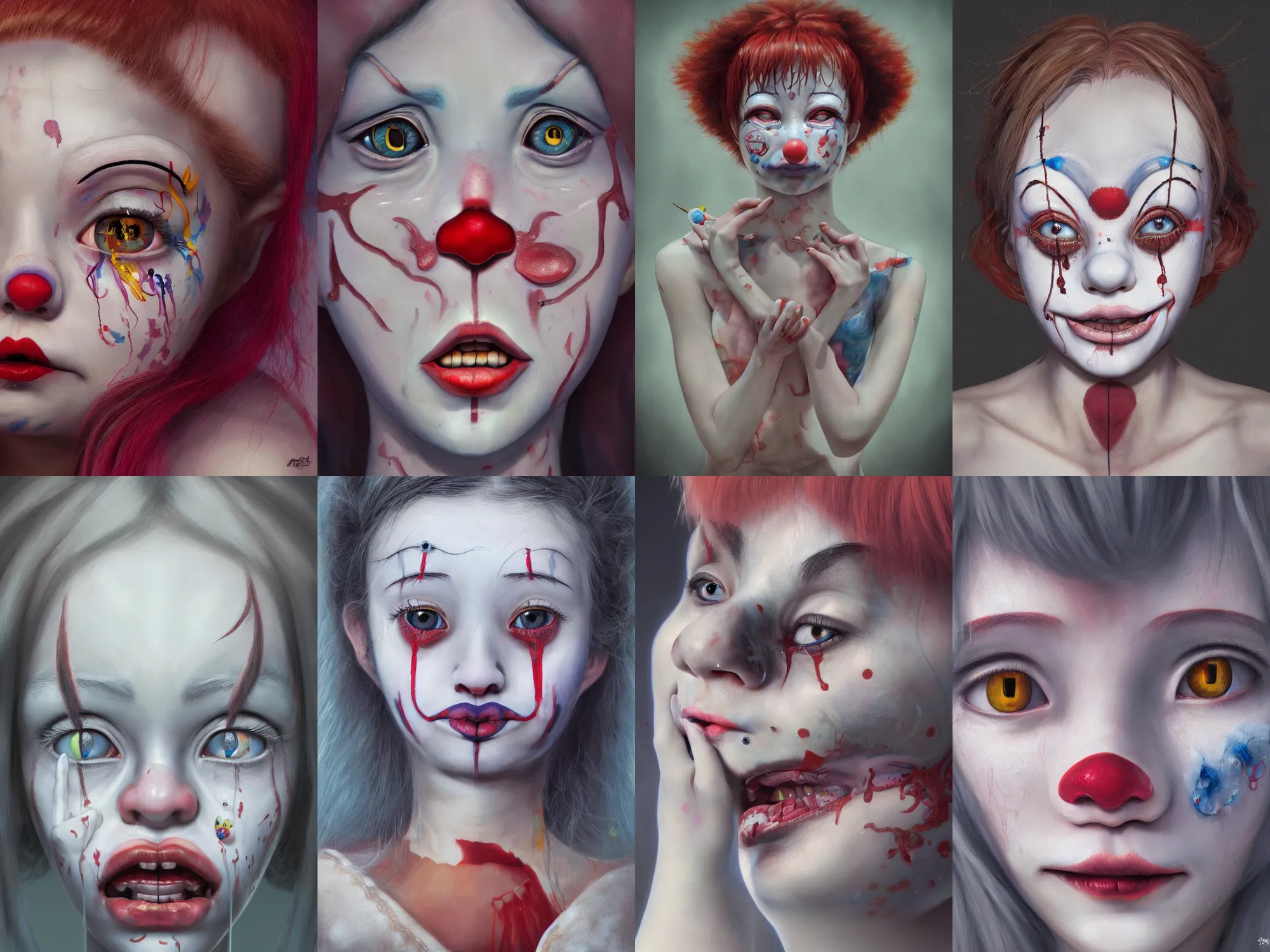 Image similar to detailed painting of clown girl crying, piercing eyes, james jean, miho hirano, hyperrealistic, octane render, ambient light, dynamic lighting