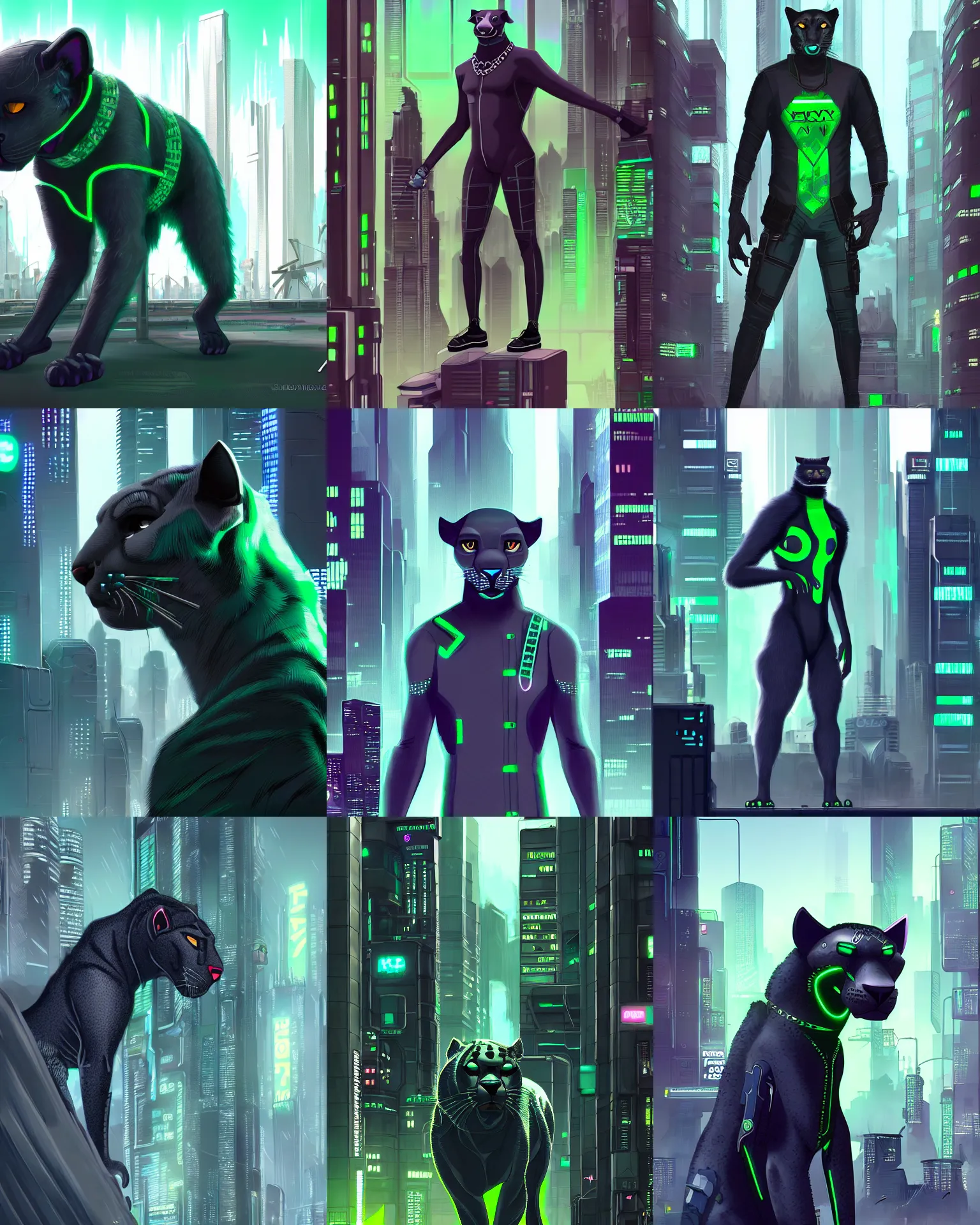 Prompt: male grey furry panther in cyberpunk city, green hair, artstation, deviantart