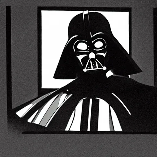 Prompt: darth vader looking into the night in batman : the animated series, cell - shading, highly detailed, key still, dramatic lighting