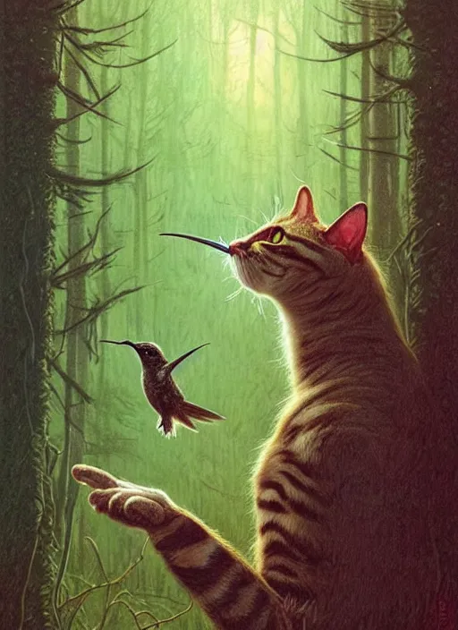 Image similar to a hyper realistic illustrated cat with playing with a hummingbird on its paw in the woods gorgeous lighting, k _ lms lush forest foliage painting by chiara bautista and beksinski and norman rockwell and greg rutkowski weta studio, and lucasfilm