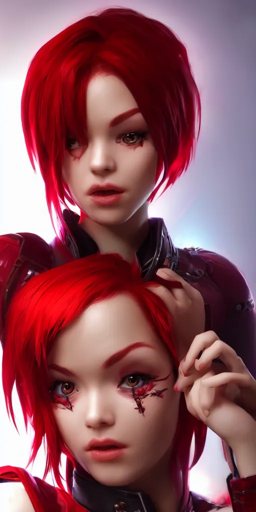 Image similar to a girl with short red hair, cool, vi from arcane, league of legends, fighter, cool red jacket, tattoo, beautiful, 3 d, potrait, art staion, studio light, closeup shot, octane render, wlop, realistic, neon