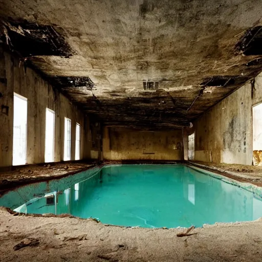 KREA - Creepy, Eerie photo of a liminal space room with large pool filled  with water, backrooms, 4K