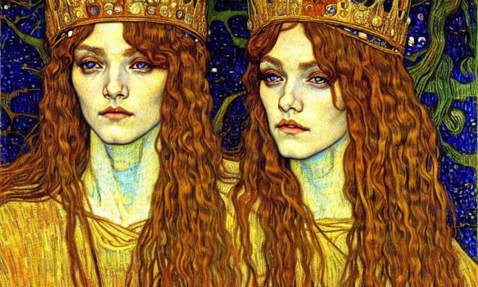 Image similar to detailed realistic beautiful young medieval queen face portrait by jean delville, gustav klimt and vincent van gogh, art nouveau, symbolist, visionary, gothic, pre - raphaelite, muted earthy colors, desaturated