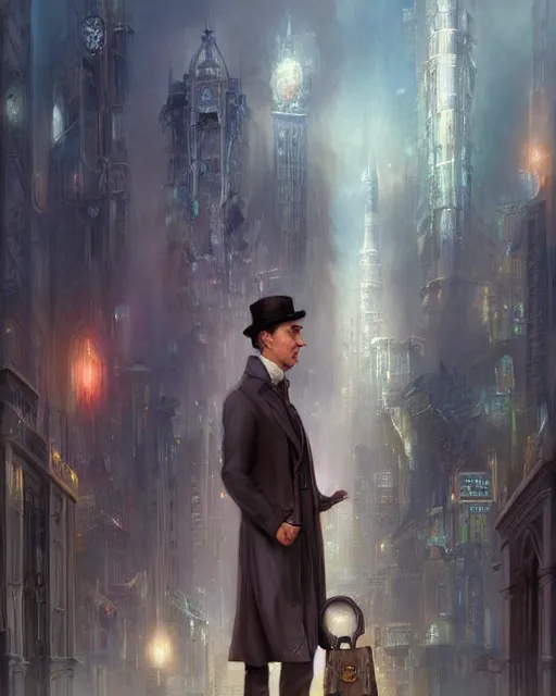 Prompt: sherlock holmes in a futuristic city, soft colours, detailed, realistic, digital art, by alayna lemmer, by tom bagshaw