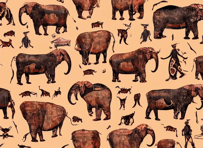 Prompt: painted pattern which depicts figures of ancient hunters, mammoths and buses, rock cave painting, red ocher