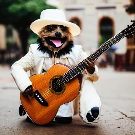 Image similar to a cream-colored Havanese dog dressed as a mariachi musician, playing the guitar, Leica 35mm, 4K