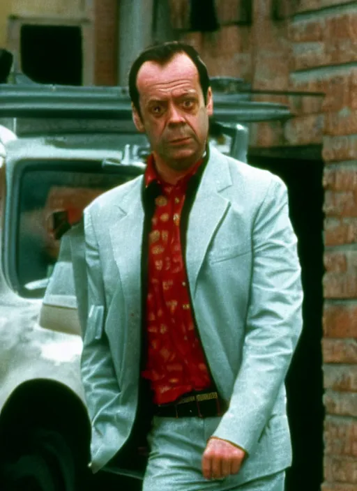 Prompt: film still of Del Boy from Only Fools & Horses as John McClane in Die Hard, 4k