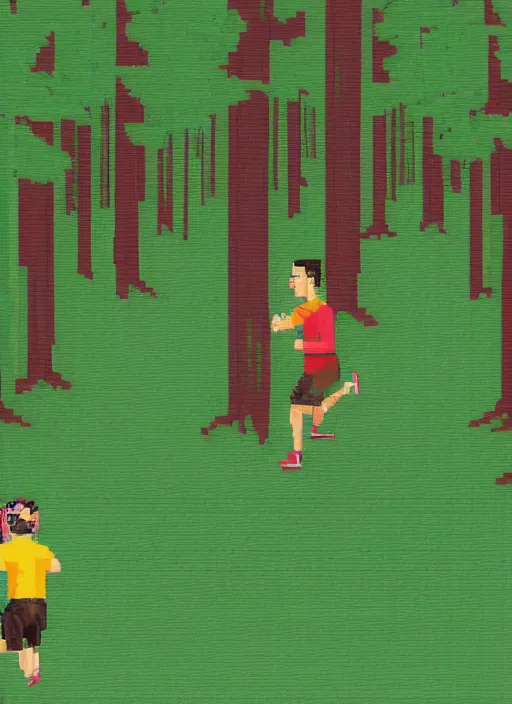 Prompt: athletic guy runs through a forest with tall trees, a photo from the back, perspective, pixel art,
