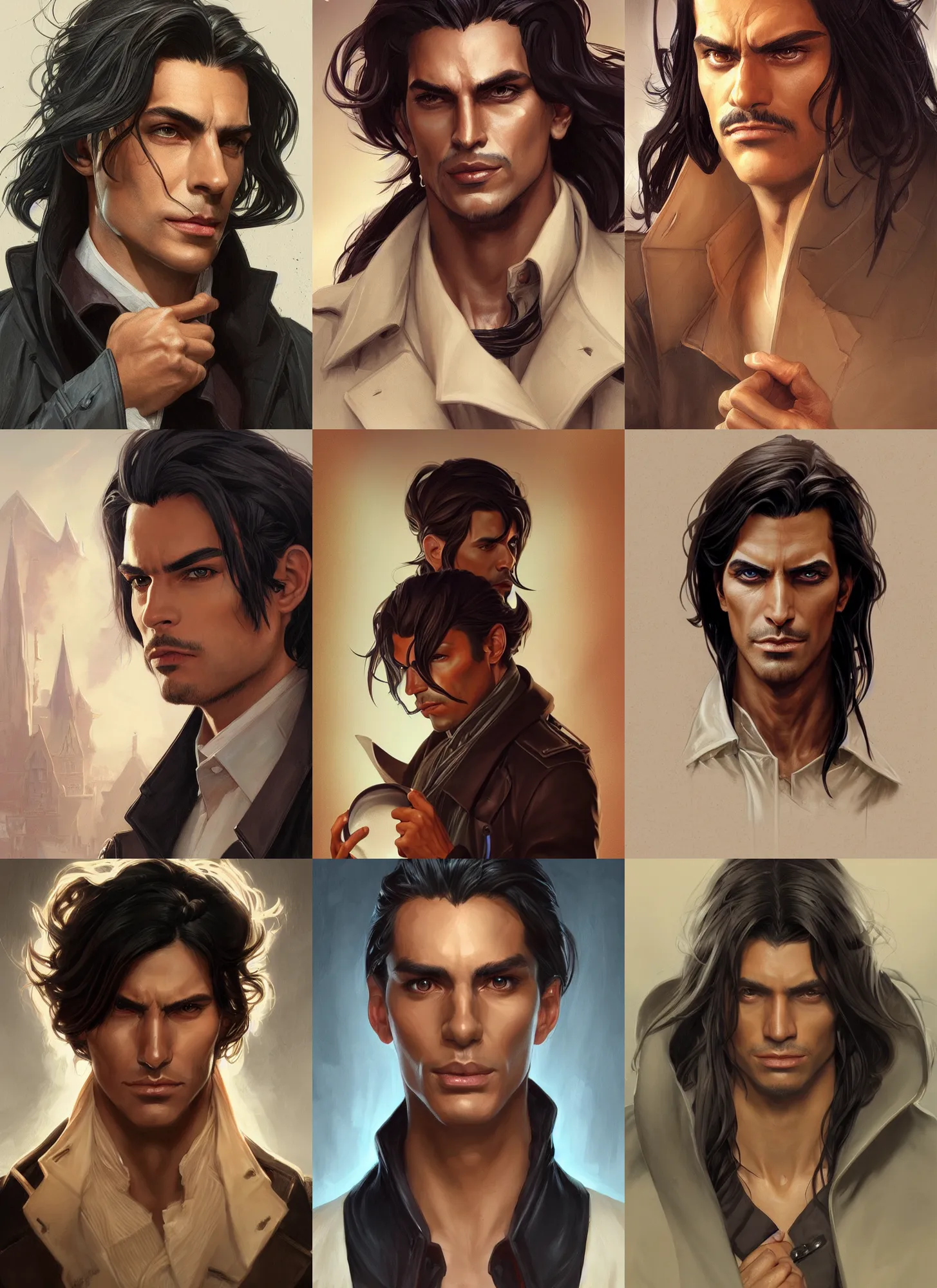 Prompt: Close-up portrait of tanned evil male alchemist with long black slicked hair, trench coat with many pockets, portrait, highly detailed, digital painting, artstation, concept art, sharp focus, illustration, art by artgerm and greg rutkowski and alphonse mucha