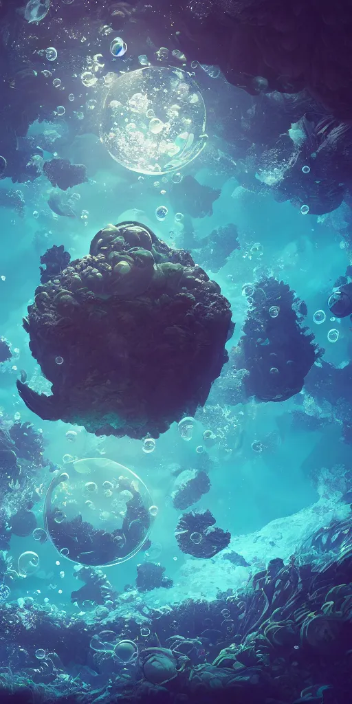 Prompt: A underwater world with a bubble kingdom, digital art, trending on artstation, award winning, 8k, volumetric lighting